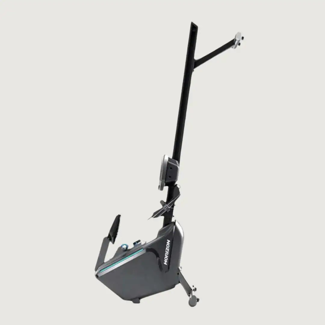 Folded upright position of the Horizon Oxford rower showing space-saving storage capability.
